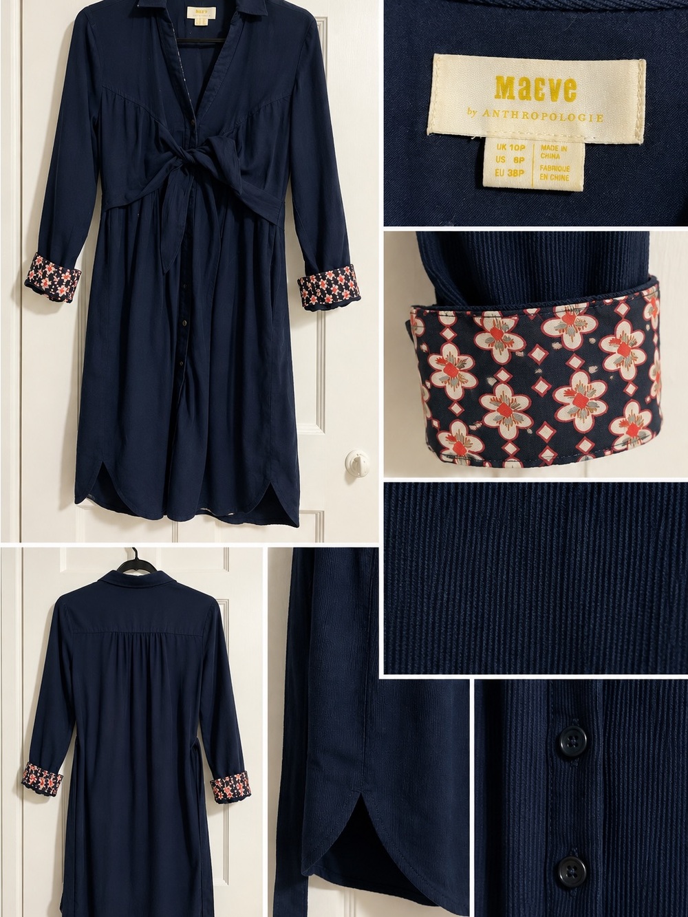 Anthropologie Maeve Navy Long-Sleeve Tie-Front Dress with Floral Cuff